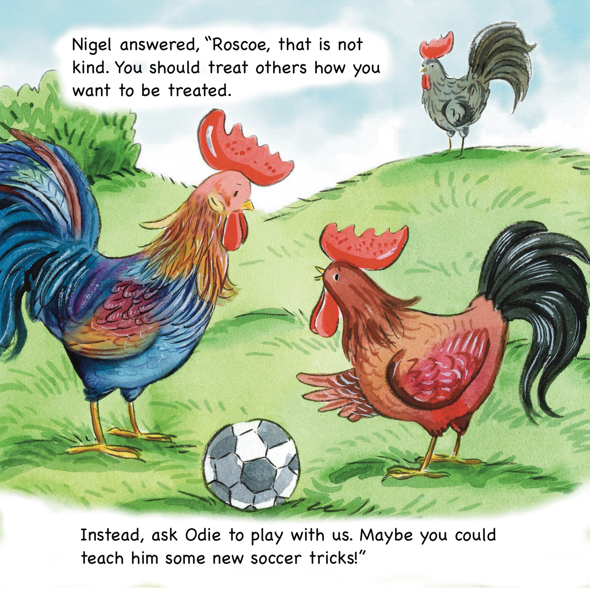 Cartoon of Roscoe the Rooster on a grassy field with a soccer ball, engaging with Nigel the rooster in a conversation about kindness.